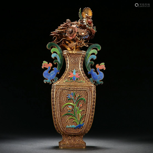 CHINESE BLUE ENAMEL GILT-SILVER PHOENIX-HANDLED VASE DEPICTI...