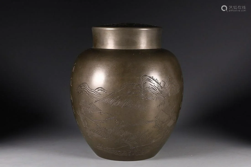 CHINESE INSCRIBED TIN JAR DEPICTING 'LANDSCAPE'