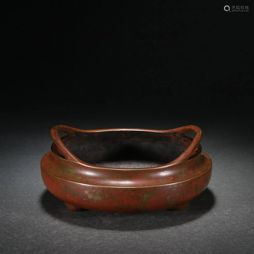 CHINESE BRONZE HANDLED CENSER, 'MING XUANDE' MARK