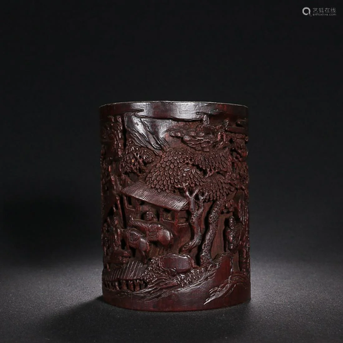 CHINESE BAMBOO BRUSHPOT WITH CARVED 'FIGURE IN A LANDSC...