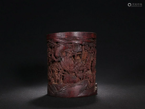 CHINESE BAMBOO BRUSHPOT WITH CARVED 'FIGURE IN A LANDSC...