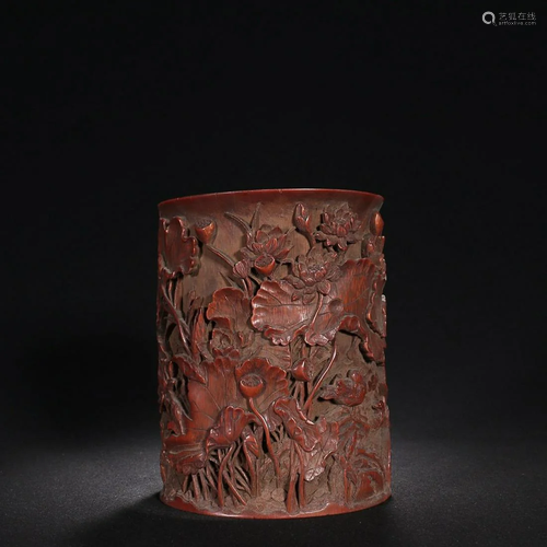 CHINESE BAMBOO BRUSHPOT WITH CARVED 'LOTUS POND'