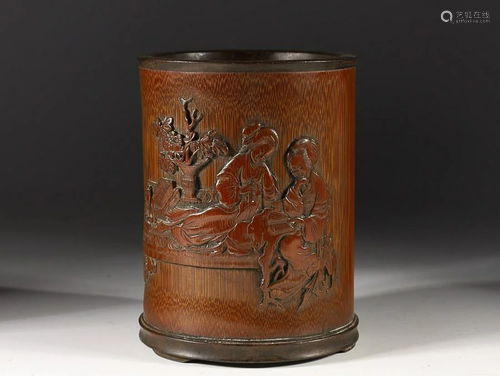 CHINESE BAMBOO BRUSHPOT WITH CARVED 'FIGURE STORY'