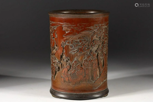 CHINESE BAMBOO BRUSHPOT WITH CARVED 'FIGURE IN A LANDSC...