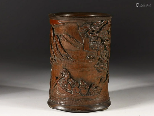 CHINESE BAMBOO BRUSHPOT WITH CARVED 'FIGURE IN A LANDSC...