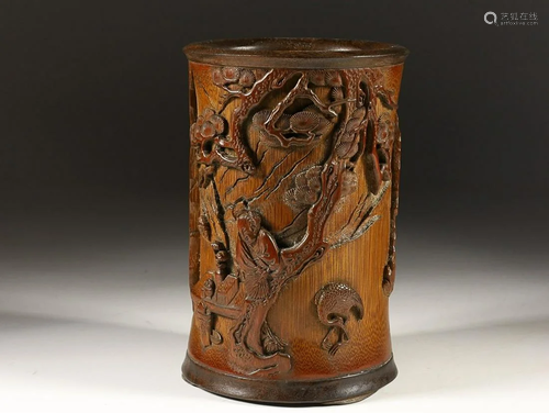 CHINESE BAMBOO BRUSHPOT WITH CARVED 'FIGURE STORY'