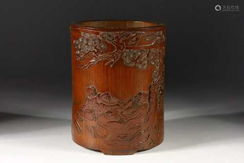 CHINESE BAMBOO BRUSHPOT WITH CARVED 'FIGURE STORY'