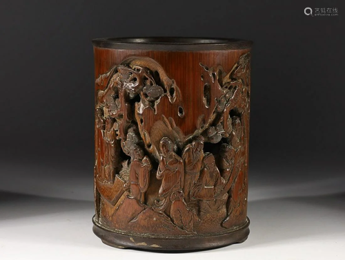 CHINESE BAMBOO BRUSHPOT WITH CARVED 'FIGURE IN A LANDSC...