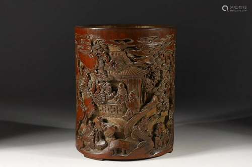 CHINESE BAMBOO BRUSHPOT WITH CARVED 'FIGURE IN A LANDSC...