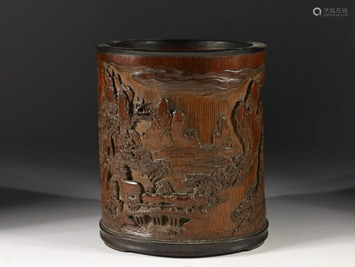 CHINESE BAMBOO BRUSHPOT WITH CARVED 'FIGURE IN A LANDSC...