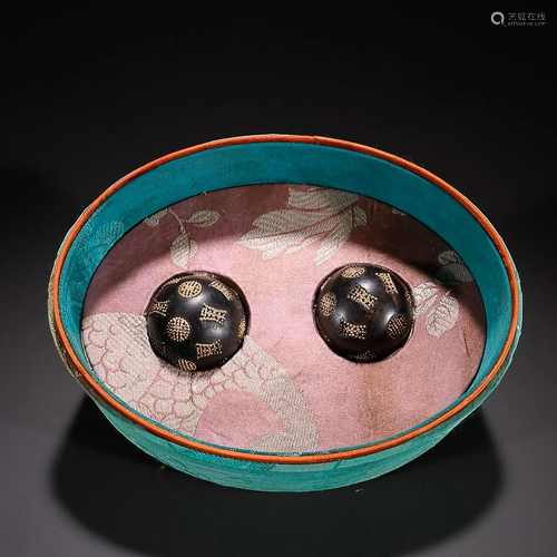 TWO CHINESE GILT-SILVER-INLAID AGARWOOD BAODING BALLS DEPICT...