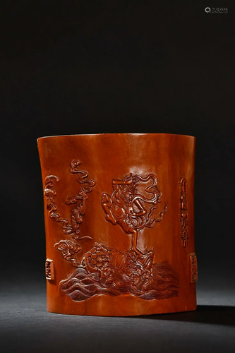 CHINESE BOXWOOD BRUSHPOT WITH CARVED 'KUIXING'