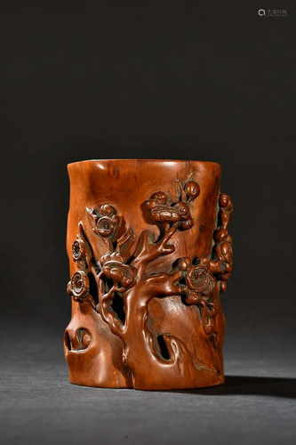 CHINESE BOXWOOD BRUSHPOT WITH CARVED 'PRUNUS'