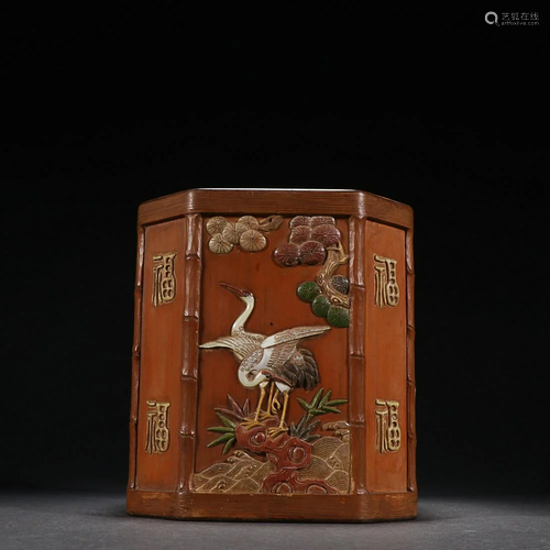 CHINESE MIXED GEMSTONES AND BAMBOO-INLAID WOOD BRUSHPOT DEPI...