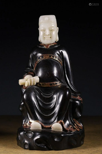 CHINESE SHOUSHAN STONE-INLAID SANDALWOOD FIGURE OF WENGUAN