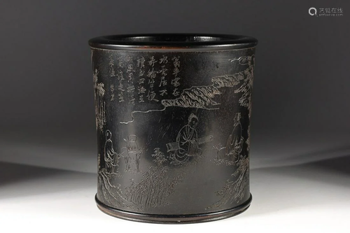 CHINESE SANDALWOOD BRUSHPOT WITH CARVED 'FIGURE STORY I...