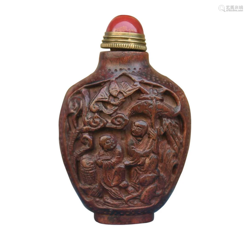 CHINESE BOXWOOD SNUFF BOTTLE WITH CARVED 'FIGURE STORY&...