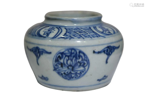 CHINESE BLUE-AND-WHITE ENAMELED PORCELAIN WATER JAR DEPICTIN...