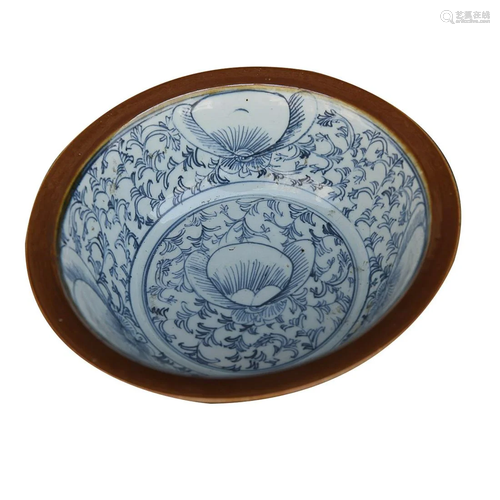 CHINESE BROWN AND BLUE-AND-WHITE ENAMELED PORCELAIN BASIN DE...