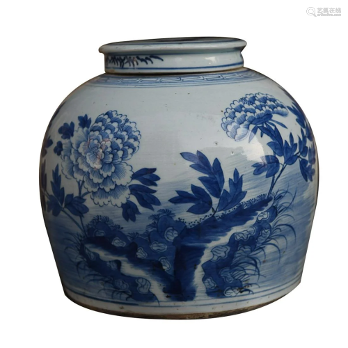 CHINESE BLUE-AND-WHITE ENAMELED PORCELAIN COVERED JAR DEPICT...
