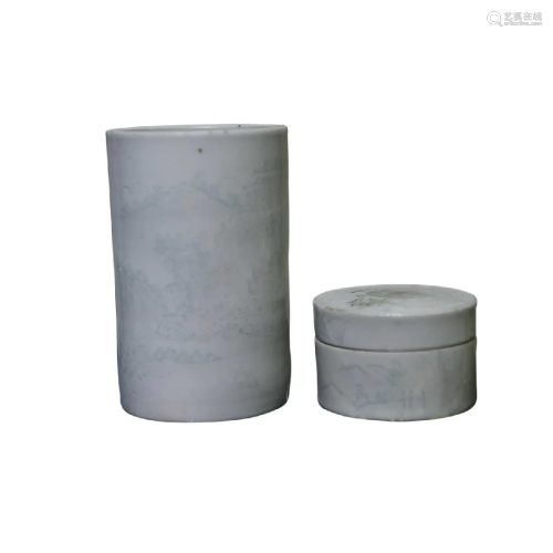 CHINESE CELADON ENAMELED PORCELAIN BRUSHPOT AND INK-PASTE CA...