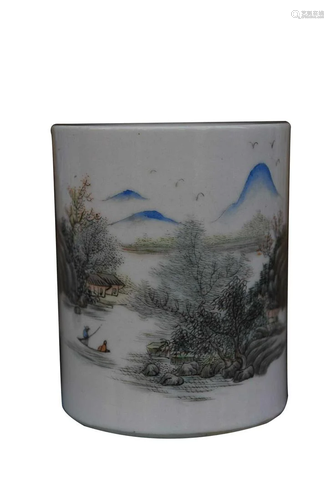 CHINESE POLYCHROME ENAMELED PORCELAIN BRUSHPOT DEPICTING &#x...