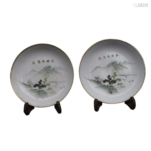 TWO CHINESE POLYCHROME ENAMELED PORCELAIN CHARGERS DEPICTING...