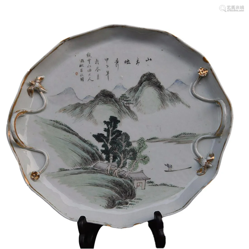 CHINESE POLYCHROME ENAMELED PORCELAIN TEA TRAY DEPICTING &#x...