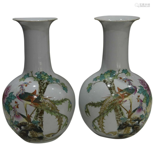 TWO CHINESE POLYCHROME ENAMELED GLOBULAR VASES DEPICTING &#x...