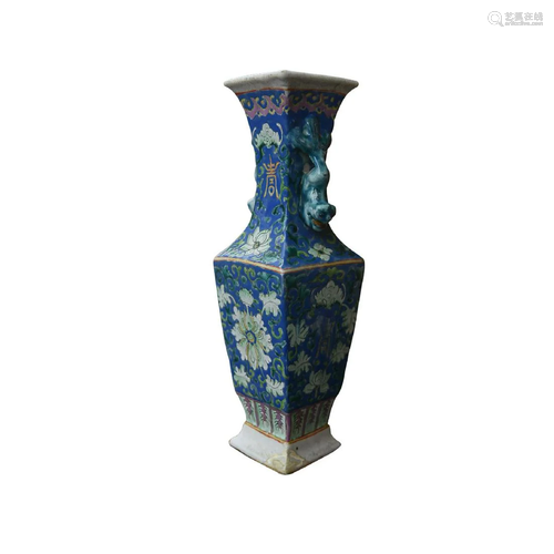 CHINESE FAMILLE-ROSE ENAMELED PORCELAIN TWO-HANDLED VASE DEP...