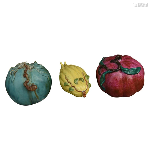 THREE CHINESE PORCELAIN ORNAMENTS OF BLUE ENAMELED PEACH, YE...