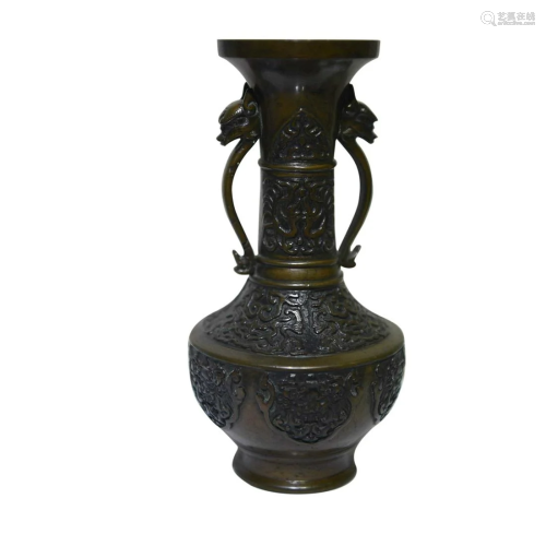 CHINESE BRONZE CHI-DRAGON-HANDLED VASE CAST WITH 'FLORA...