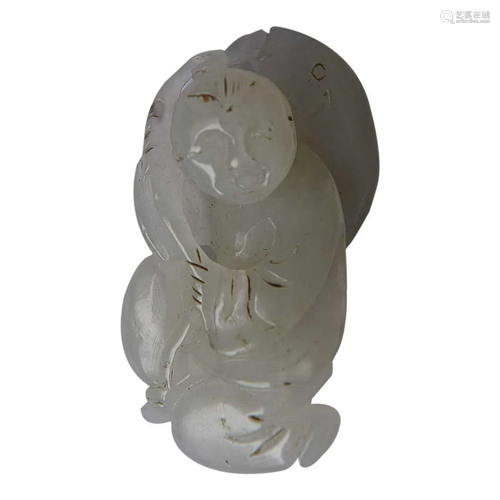 CHINESE HETIAN JADE FIGURE OF BOY AND FISH