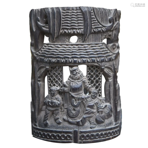 CHINESE BAMBOO BRUSHPOT WITH CARVED 'FIGURES AND COINS&...