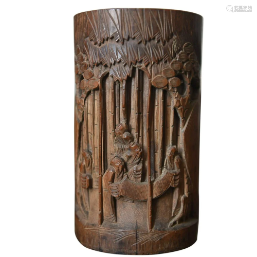 CHINESE BAMBOO BRUSHPOT WITH CARVED 'FIGURE STORY'