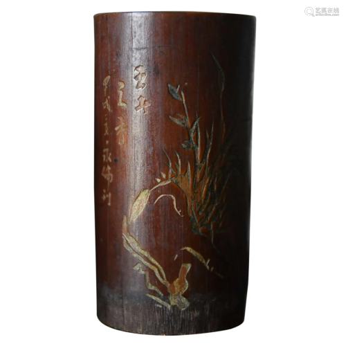 CHINESE BAMBOO BRUSHPOT WITH CARVED 'ORCHID'
