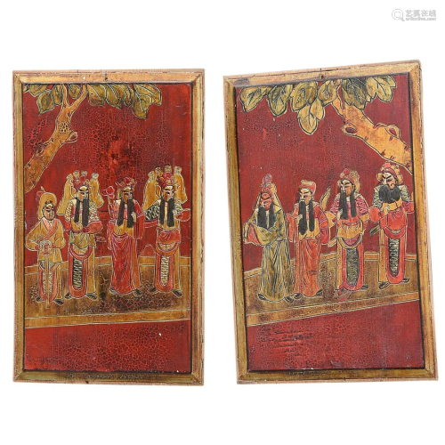 TWO CHINESE POLYCHROMED WOOD PLAQUES DEPICTING 'FIGURE ...