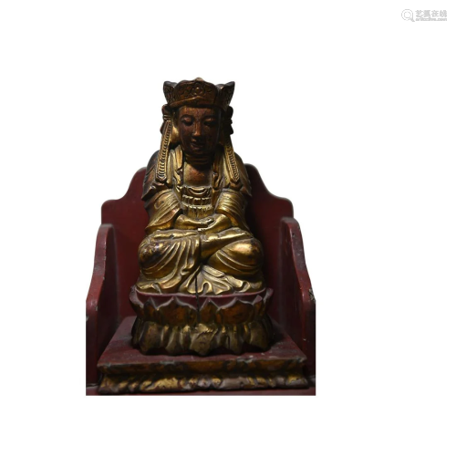 CHINESE GILT-LACQUERED WOOD FIGURE OF KSITIGARBHA ON WOOD ST...
