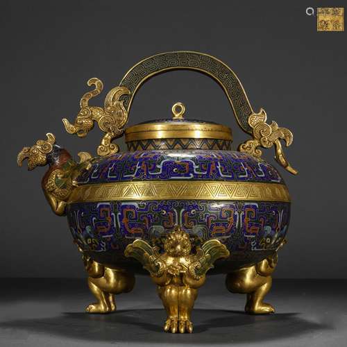 Qing Dynasty cloisonné enamel three-legged incense burner wi...