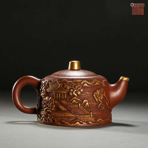 Qing Dynasty purple sand drawing gold mountain water pot