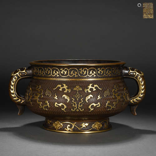 Ming Dynasty Gilt Bronze Double Ear Incense Burner