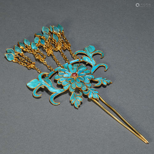 Qing Dynasty Gilt Bronze Dotted Filigree Emerald Hairpin