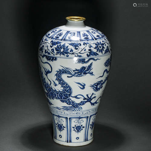 Ming Dynasty blue and white dragon pattern gold-mouthed plum...