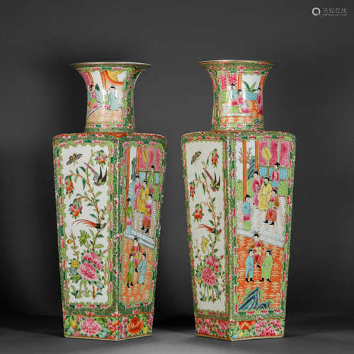 A pair of square vases with pastel figures, flowers and bird...