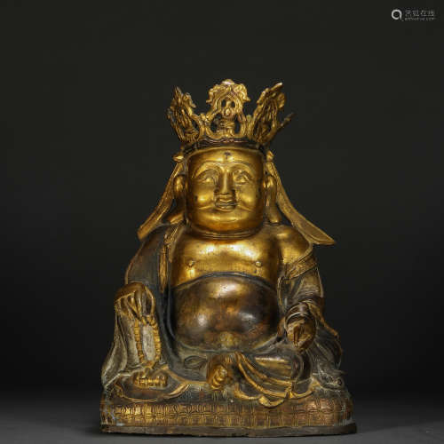 Ming Dynasty gilt bronze official hat Maitreya Buddha statue