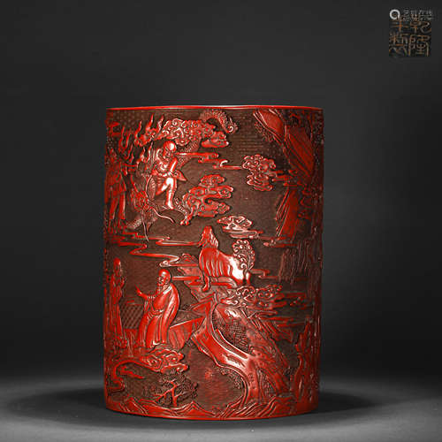 Qing Dynasty red lacquer ware character story painting tube