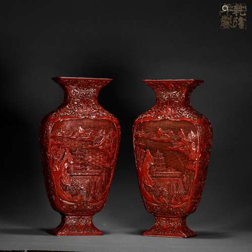 A pair of Qing Dynasty red lacquerware landscape appreciatio...