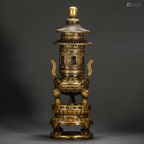 A three-legged tripod of gilt bronze incense burner in Qing ...