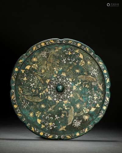 Tang Dynasty Bronze Mirror with Gold and Silver Birds and An...