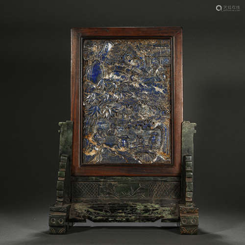 Qing Dynasty jasper inlaid lapis lazuli figure screen